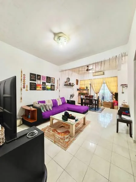 Living features: purple fabric sofa, coffee table, area rug with geometric pattern, wall-mounted TV, decorative wall art, ceiling light fixture, dining table with chairs, curtains, tile flooring, wall-mounted shelves, plant in ceramic pot; style: modern.