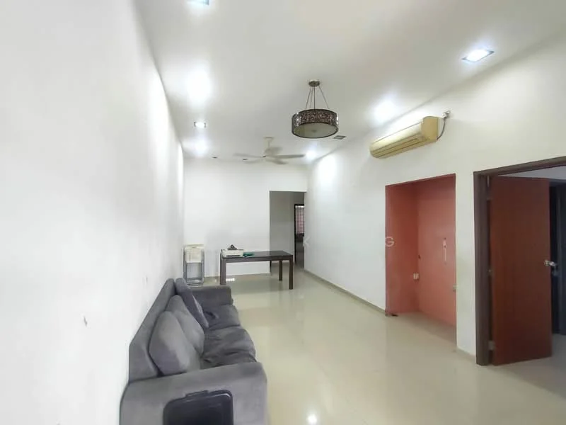 Living features: white painted walls, polished floor tiles, 5-blade ceiling fan, recessed LED downlights, chandelier, sofa in grey fabric, dining table, air conditioning unit, doorway leading to another room; style: modern.
