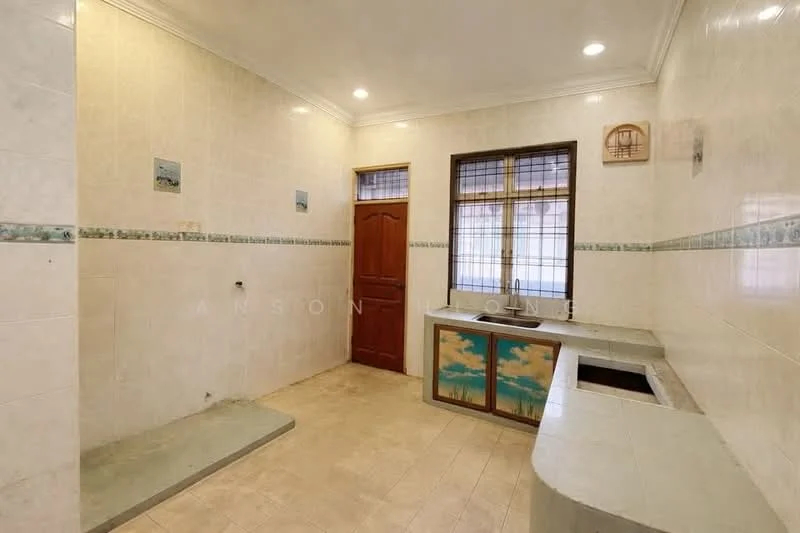 Kitchen features: light beige tiled walls, white tiled backsplash, light beige tiled flooring, single-bowl stainless-steel sink, countertop with rounded edge, wooden cabinet under sink, window with grid pattern, door with wooden finish.
