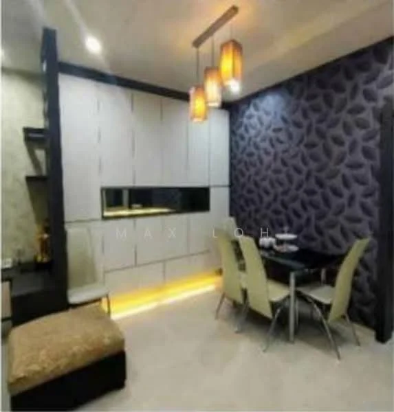 Dining features: dark patterned accent wall, white cabinetry with integrated lighting, glass dining table, upholstered dining chairs in cream, pendant lighting with three fixtures, neutral tile flooring, decorative wall paneling, built-in shelving, soft seating area with cushion; style: modern.