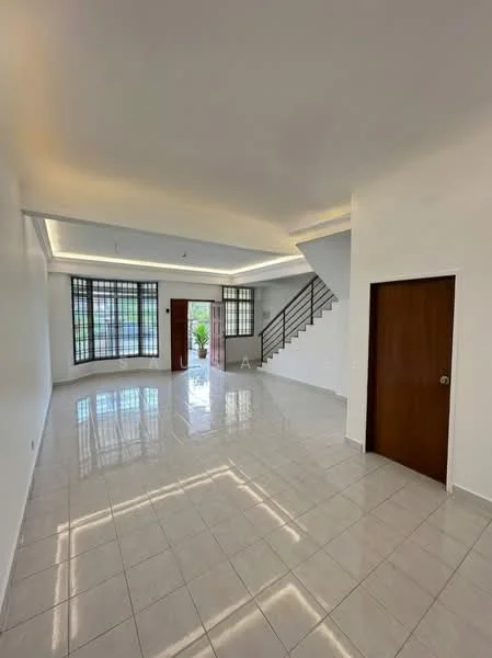 Living features: white painted walls, glossy ceramic tile flooring, recessed downlights, large windows with grid pattern, double-door main entrance, staircase with metal railing, high ceiling, open layout; style: modern; view: garden.