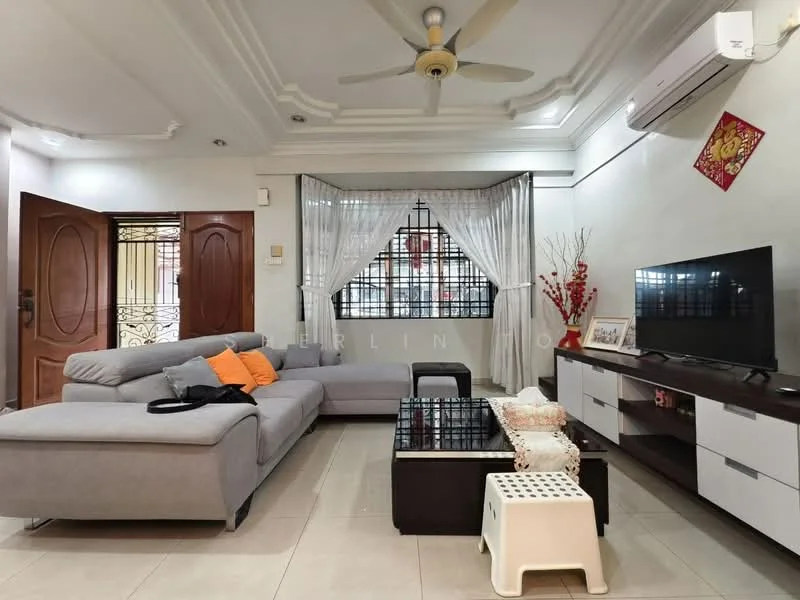 Living features: 3-seater fabric sofa in grey, L-shape sectional sofa, orange throw pillows, glass coffee table, TV console with storage, wall-mounted TV, decorative wall art, ceiling fan with light, recessed lighting, curtains on windows, tile flooring, white walls with crown moulding; style: modern.