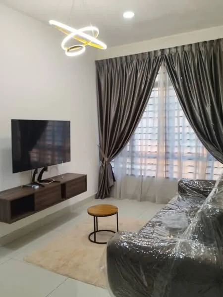 Living features: grey leather sofa, wooden coffee table, wall-mounted TV, TV console with storage, sheer curtains, dark grey drapes, recessed ceiling lights, modern pendant light fixture, light-colored area rug, white painted walls, glossy tile flooring; style: modern.
