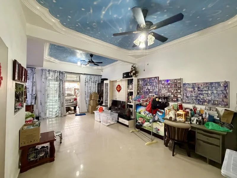 Living features: white painted walls, blue ceiling with cloud pattern, cream tiled flooring, 5-blade ceiling fan with light, wall-mounted TV, wooden desk, decorative wall with photo frames, open space layout, large window with sheer curtains, decorative items on shelves, sofa, storage boxes, indoor plants; style: modern.