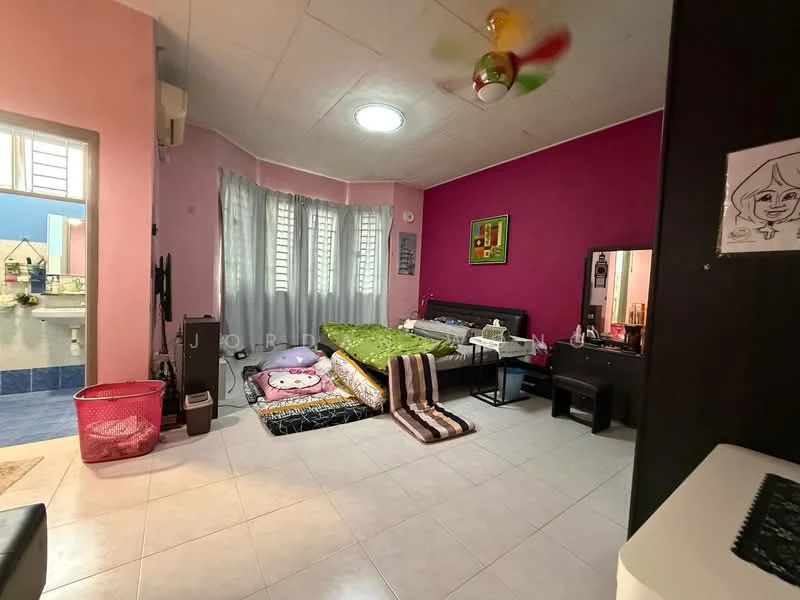 Bedroom features: pink painted walls, purple accent wall, white ceiling, tile flooring, 2 single beds with green bedding, black wooden bed frame, dressing table with mirror, floor-to-ceiling windows with sheer curtains, ceiling fan with 3 blades, decorative wall art, area rug, storage cabinet; style: modern.
