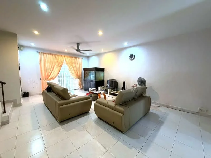 Living features: 2-seater leather sofa in beige, 3-seater leather sofa in beige, coffee table, TV console, wall-mounted TV, ceiling fan, recessed downlights, white painted walls, white tiled flooring, curtains in orange, decorative wall clock; style: modern.