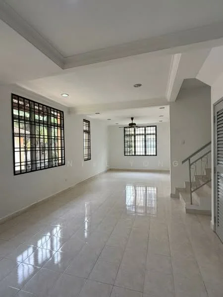 Living features: white painted walls, cream tiled flooring, tray ceiling, recessed downlights, 5-blade ceiling fan, large windows with black metal grilles, open layout, staircase leading to upper level; style: modern.