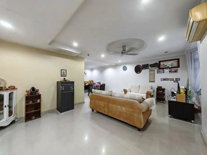 Living features: cream painted walls, white ceiling, 5-blade ceiling fan with light, marble tile flooring, 2-seater fabric sofa in beige, 3-seater fabric sofa in cream, coffee table, TV console, wall-mounted TV, decorative wall art, built-in shelving unit, area rug; style: contemporary.