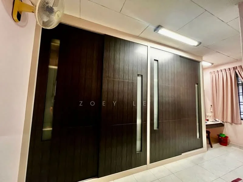 Room features: built-in wardrobe with sliding doors, dark wood finish, vertical glass inserts, white tiled flooring, ceiling-mounted light fixtures, wall-mounted ceiling fan, light-colored walls, curtains in light fabric; style: modern.