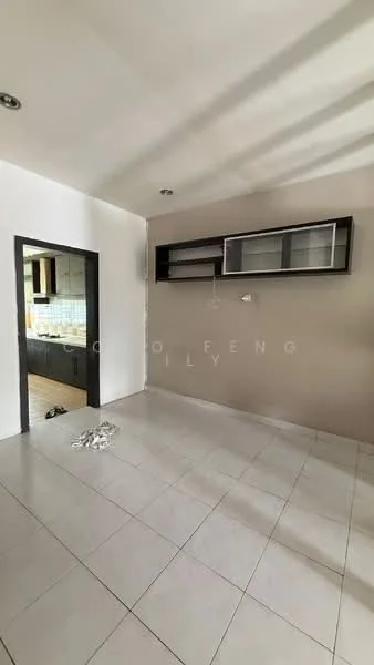 Room features: white painted walls, light grey accent wall, tile flooring, recessed ceiling lights, built-in wall shelves, doorway leading to another room, natural light from windows, neutral color palette; style: modern.