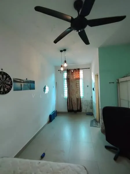 Room features: white painted walls, light green accent wall, tile flooring, 5-blade ceiling fan, hanging pendant lights, window with blinds, curtains, decorative wall art, door leading to another room, bed frame without mattress, office chair; style: modern.