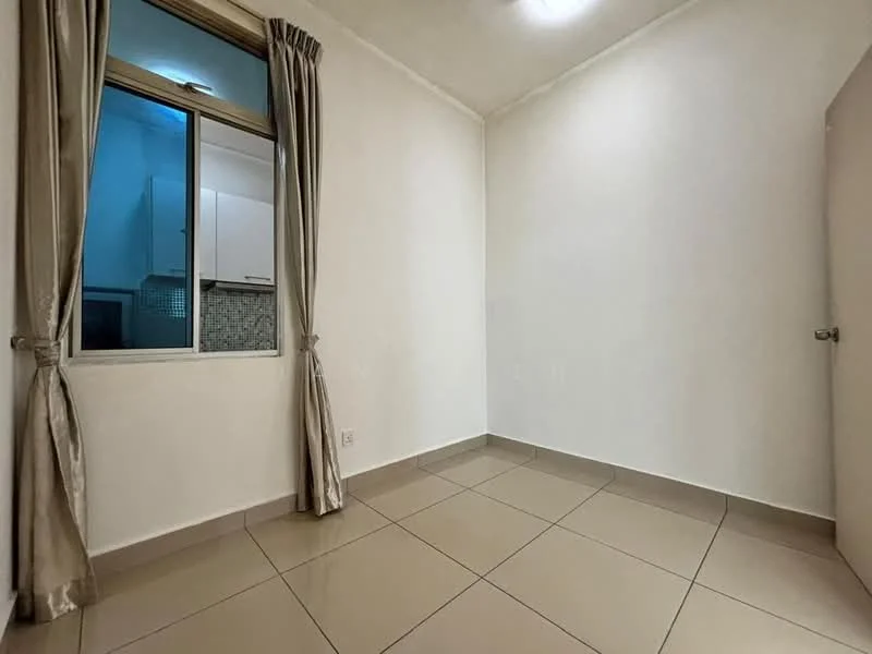 Room features: white painted walls, cream tiled flooring, floor-to-ceiling window, curtains, light fixture on ceiling, door, corner of kitchen visible.