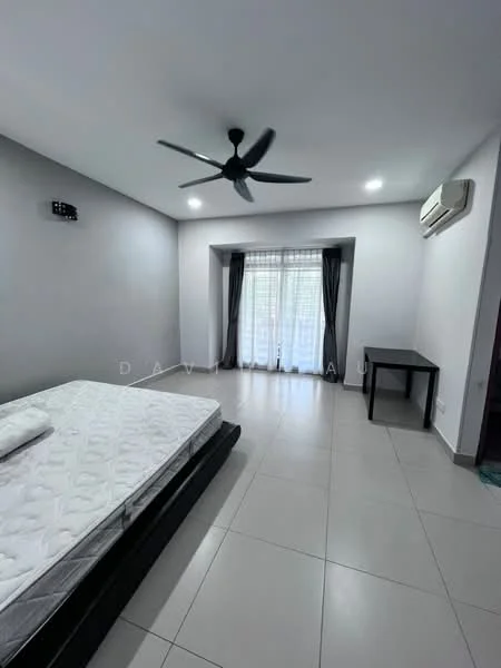 Bedroom features: grey painted walls, tile flooring, 5-blade ceiling fan, floor-to-ceiling windows, blackout curtains, air conditioning unit, queen-size bed frame, side table; style: modern.