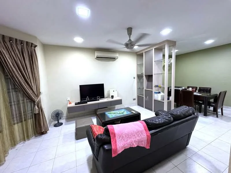 Living features: black leather sofa, coffee table with glass top, wall-mounted TV, TV console in grey, ceiling fan, recessed LED downlights, cream painted walls, white tiled flooring, curtains in brown, air conditioning unit, decorative wall shelving; style: modern. Dining features: wooden dining table, 4 dining chairs, green accent wall; style: modern.