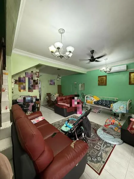 Living features: brown leather sofa, 3-seater sofa, 2-seater sofa, area rug with geometric pattern, ceiling fan, 2 pendant lights, wall-mounted air conditioning unit, wall-mounted TV, wooden coffee table, decorative wall art, baby crib, computer desk with chair, stroller, white tiled flooring, green painted walls; style: modern.