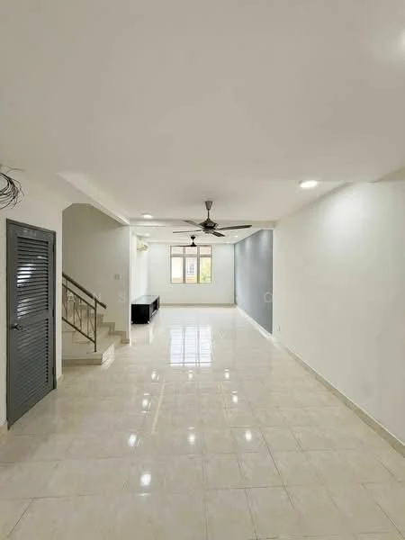 Living features: white painted walls, grey accent wall, polished ceramic tile flooring, 5-blade ceiling fan with light, recessed LED downlights, large window providing natural light, staircase leading to upper floor, TV console, open layout, neutral color scheme; style: modern.