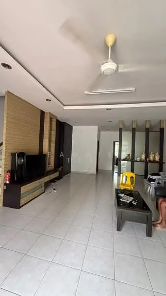 Living features: white tiled flooring, ceiling fan, wall-mounted TV, TV console, coffee table, sofa, decorative items on shelves, recessed ceiling lights, neutral wall color, open layout to adjacent room; style: modern.