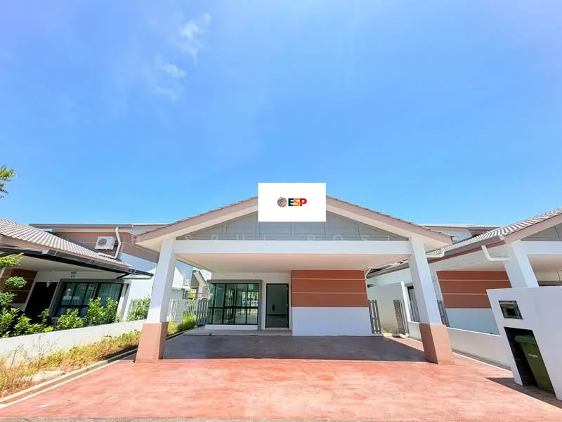 Exterior type: detached bungalow; features: flat roof, cream painted facade, large front porch, manicured lawn, surrounded by greenery, driveway with interlocking pavers; style: modern.