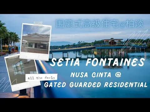 Exterior type: gated guarded residential; features: waterfront view, landscaped pathway, palm trees, outdoor seating area, bridge over water, modern architectural design, manicured lawn, lighting along pathway; style: modern.