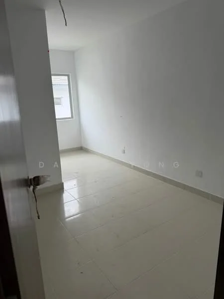 Room features: white painted walls, tile flooring, single window, neutral color scheme, no visible furniture, light source from window, minimal decor, empty space; style: minimalist.