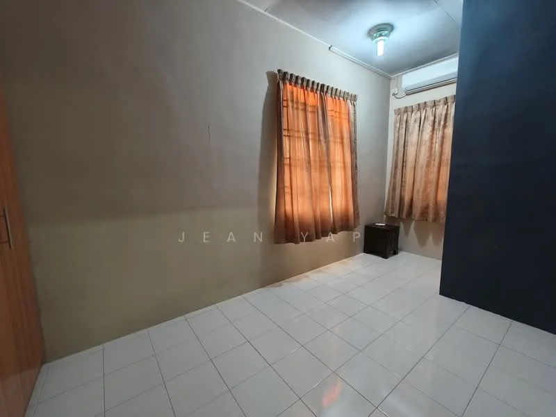 Room features: cream painted walls, white tiled flooring, two windows with sheer curtains, one wall-mounted split AC, wooden door, light fixture on ceiling.