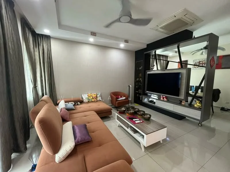 Living features: L-shape sectional sofa in beige, decorative cushions in various colors, coffee table with decorative items, wall-mounted TV, TV console, recessed downlights, ceiling fan, curtains in dark grey, light grey painted walls, white tiled flooring, feature wall with mirror; style: modern.