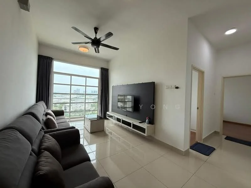 Living features: 3-seater fabric sofa in grey, 2-seater fabric sofa in grey, wall-mounted TV, TV console in white, ceiling fan with light, recessed downlights, floor-to-ceiling windows, white painted walls, glossy tile flooring, curtains in dark grey, decorative wall panel, open layout to hallway; style: modern; view: city.