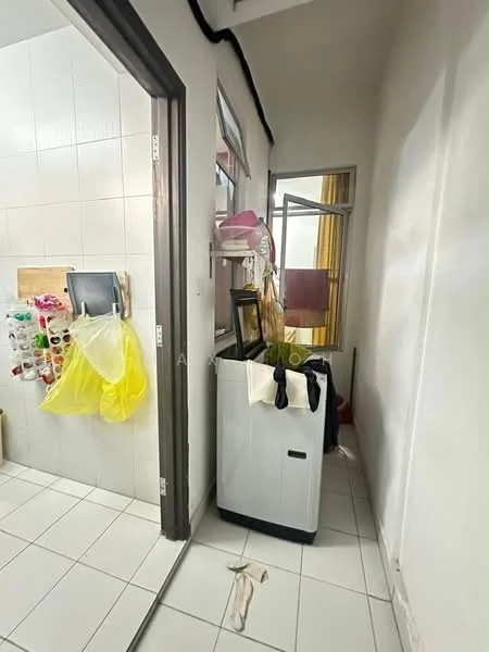 Laundry features: top-load washing machine, white tiled flooring, white painted walls, window with yellow curtains, hanging laundry bags, clothes hanging on a rack, shelves with assorted items.