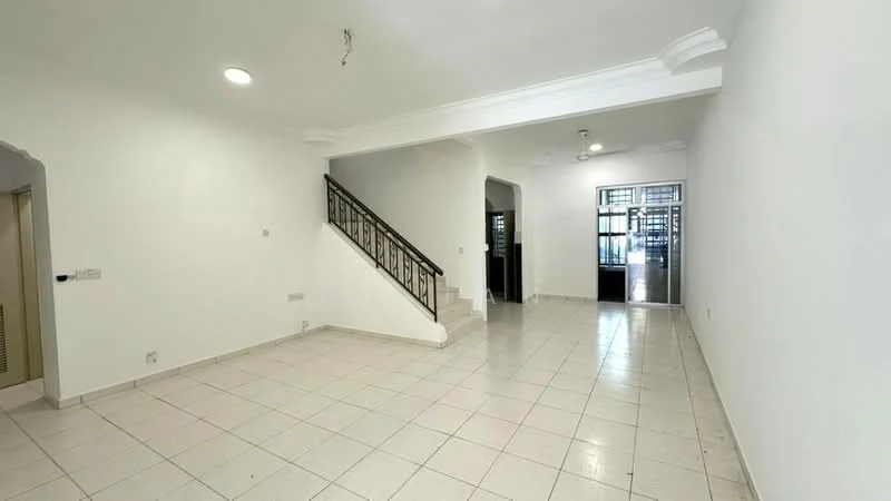 Room features: white painted walls, tile flooring, staircase with metal railing, recessed ceiling lights, open layout, large windows, doorway leading to another room, neutral color palette; style: modern.