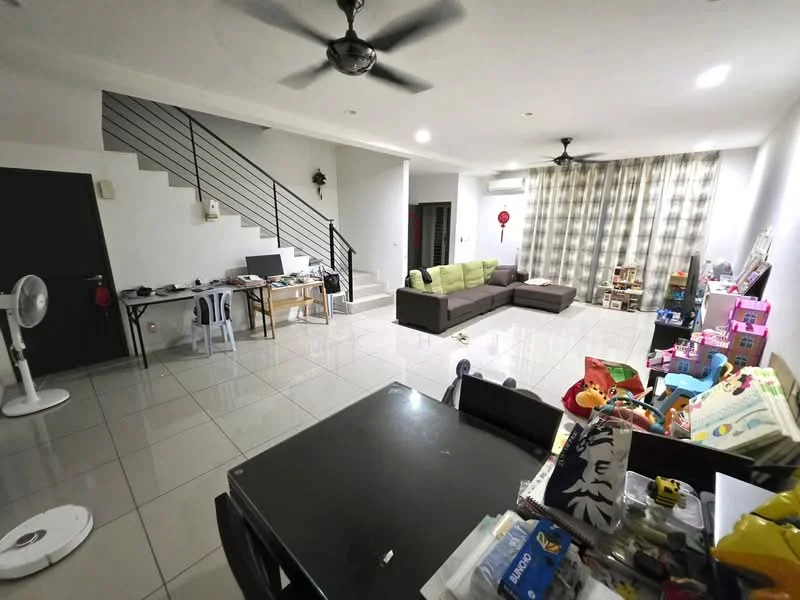 Living features: large grey sectional sofa, green fabric sofa, white tiled flooring, ceiling fan with light, recessed downlights, floor-to-ceiling windows with sheer curtains, wall-mounted air conditioning unit, decorative wall clock, open space layout, children's toys scattered, dining table with chairs, computer desk with monitor, staircase with metal railing; style: modern.