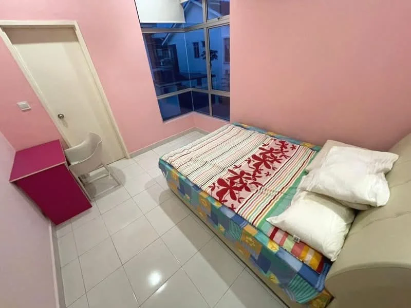 Bedroom features: pink painted walls, white tiled flooring, queen-size bed with colorful bedding, two white pillows, study desk in pink, white chair, floor-to-ceiling windows, curtains, built-in wardrobe, decorative wall art; style: modern; view: garden.