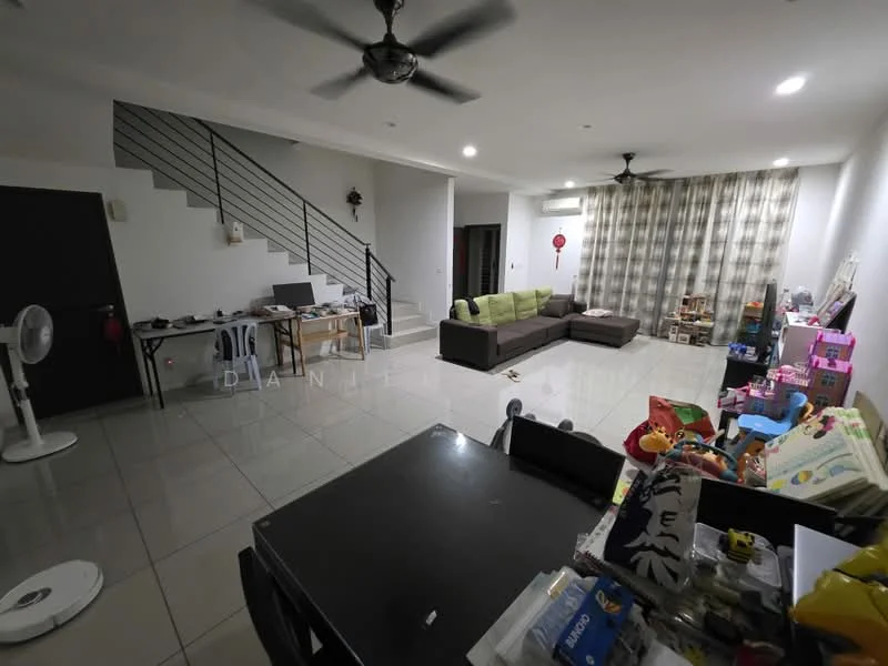 Living features: grey sectional sofa, coffee table, wall-mounted TV, ceiling fan, recessed downlights, large windows with curtains, tile flooring, decorative wall clock, staircase with metal railing, open layout, area rug, children's toys, dining table, computer desk; style: modern.