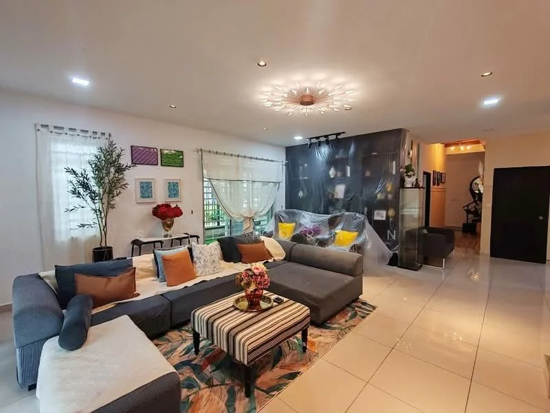 Living features: 3-seater fabric sofa in grey, 2-seater fabric sofa in white, striped area rug, coffee table with decorative flowers, wall-mounted TV, decorative wall art, floor-to-ceiling windows with sheer curtains, recessed downlights, chandelier, decorative plant in pot; style: modern.