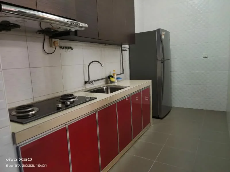 Kitchen features: red cabinetry, stainless-steel countertop, double-burner gas hob, stainless-steel range hood, single-bowl stainless-steel sink, chrome pull-down faucet, built-in refrigerator, white tiled walls, grey tiled flooring; style: modern.