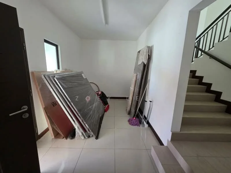 Room features: white painted walls, tile flooring, staircase, windows, various wrapped items, cleaning equipment, vacuum cleaner, mop, handrail.