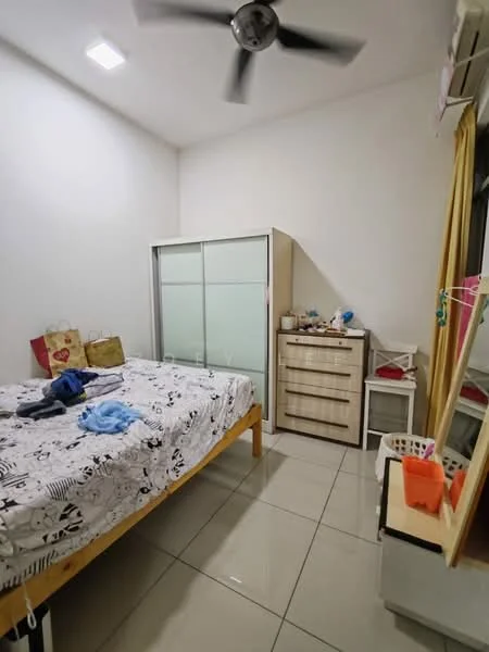 Bedroom features: queen-size bed with patterned bedding, built-in wardrobe with sliding glass doors, chest of drawers, mirror on dresser, white painted walls, tile flooring, ceiling fan, window with sheer curtains; style: modern.