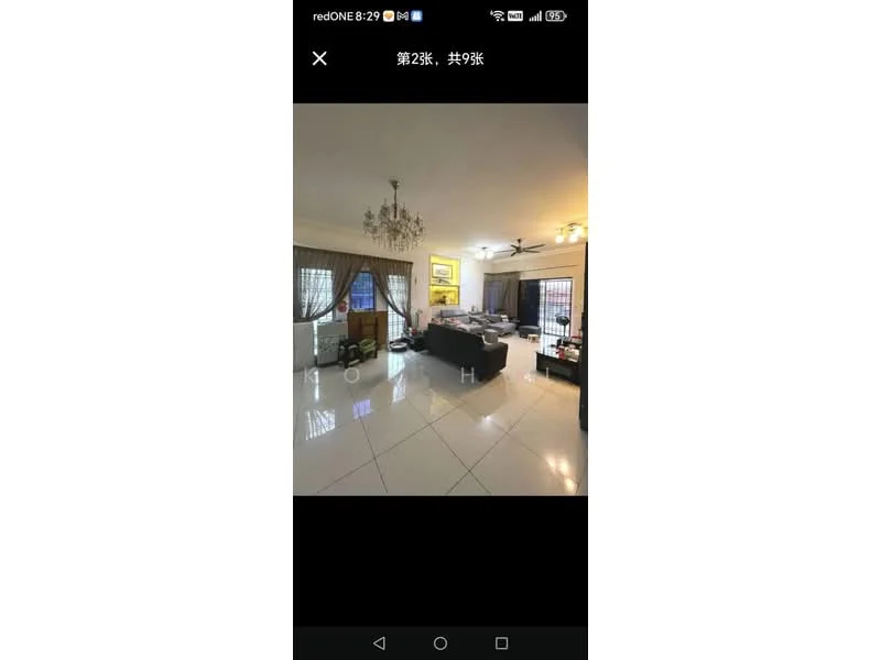 Living features: white painted walls, glossy tile flooring, chandelier, 5-blade ceiling fan with light, floor-to-ceiling windows, sheer curtains, blackout curtains, L-shape sectional sofa in black, coffee table, TV console, wall-mounted TV, decorative artwork, area rug with geometric pattern; style: contemporary.