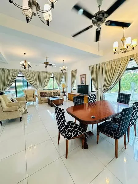 Living features: white painted walls, glossy white tile flooring, 5-blade ceiling fan with light, chandelier, large windows with sheer curtains, sofa in cream fabric, coffee table, TV console, wall-mounted TV, dining table with polished wood surface, 4 upholstered dining chairs with geometric pattern, decorative wall art, area rug, potted plants; style: modern; view: garden.