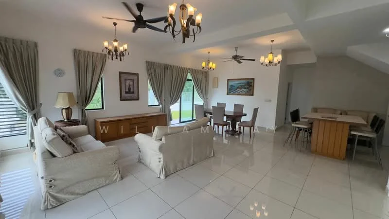 Living features: 3-seater fabric sofa in beige, 2-seater fabric sofa in beige, coffee table, chandelier with multiple bulbs, 5-blade ceiling fan with light, floor-to-ceiling windows, sheer curtains, white painted walls, polished ceramic tile flooring, decorative wall art, side table with lamp; style: modern; view: garden. Dining features: 6-seater dining table in wood, upholstered dining chairs, pendant lighting, white painted walls, polished ceramic tile flooring; style: modern; view: garden.