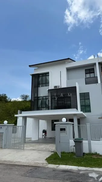 Exterior type: detached bungalow; features: white painted facade, black horizontal slats on facade, large glass windows, flat roof, two-storey structure, manicured lawn, paved driveway, gated entry, outdoor lighting, surrounded by greenery; style: modern.