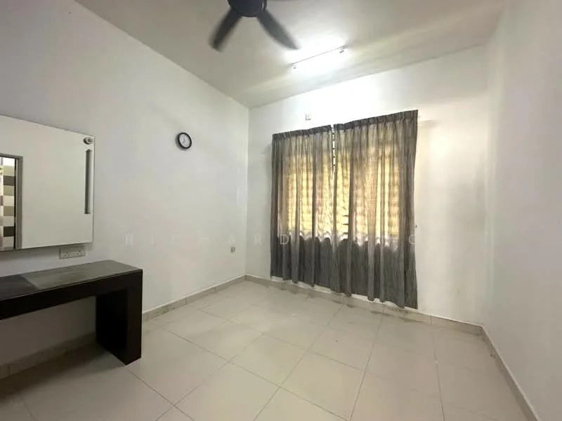 Room features: white painted walls, grey tiled flooring, ceiling fan, window with sheer curtains, wall clock, dressing table with mirror, 2-panel window, natural light from window; style: minimalist.