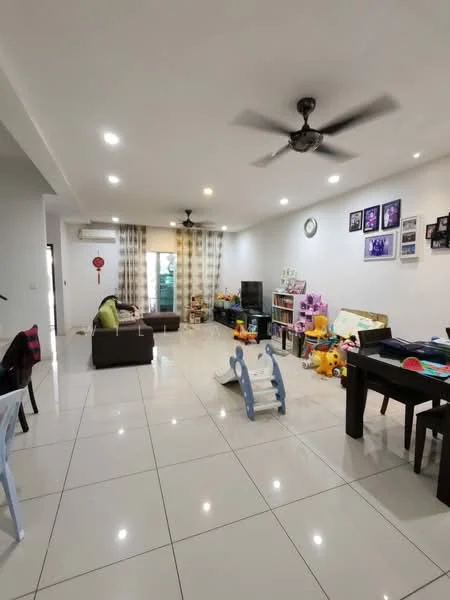 Living features: white painted walls, glossy ceramic tile flooring, recessed downlights, 2 ceiling fans, floor-to-ceiling windows, curtains, sofa in brown, TV console, wall-mounted TV, children's play area with toys, dining table, decorative wall frames; style: modern.