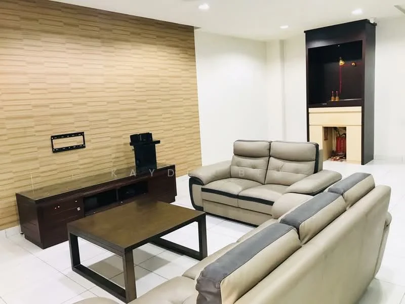 Living features: light grey leather 3-seater sofa, light grey leather 2-seater sofa, wooden coffee table, TV console with storage, wall-mounted TV bracket, feature wall with wooden paneling, white painted walls, white tiled flooring, recessed lighting, decorative niche with lighting; style: modern.