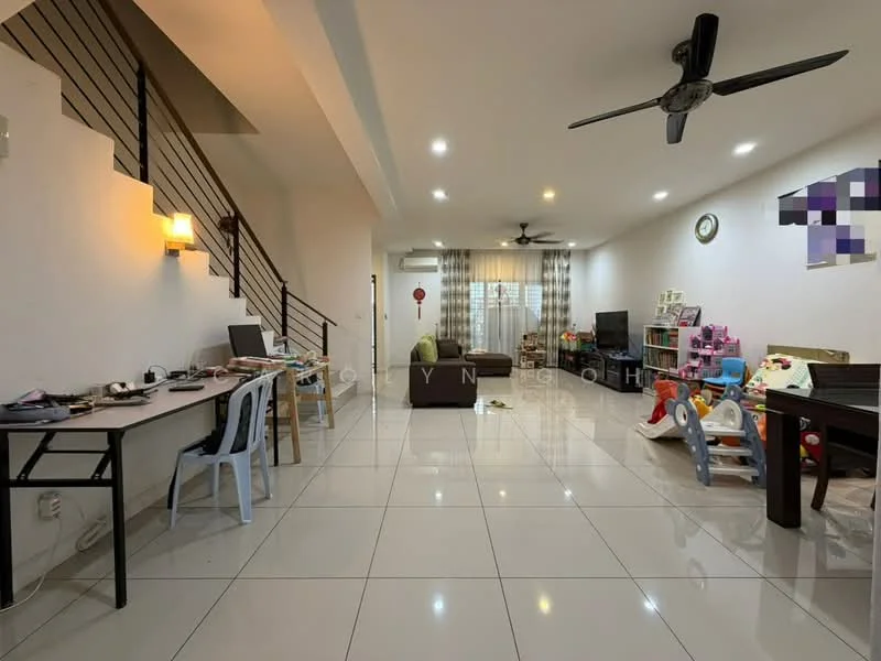 Living features: white painted walls, polished ceramic tile flooring, ceiling fan, large windows with sheer curtains, sofa, coffee table, TV console, wall-mounted TV, decorative wall art, dining table, children's play area with toys, study desk with chair, staircase leading to upper floor; style: modern.