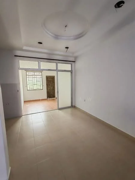 Room features: white painted walls, tile flooring, tray ceiling, recessed downlights, floor-to-ceiling windows, sliding glass door, natural light from windows, door leading to another room.