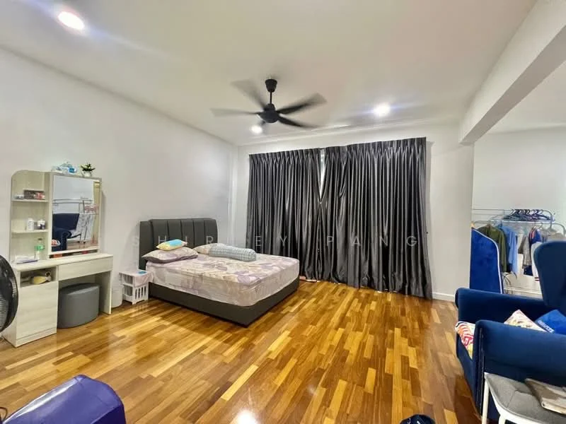 Bedroom features: queen-size bed, upholstered headboard, wooden flooring, 5-blade ceiling fan, floor-to-ceiling curtains, dressing table with mirror, built-in wardrobe, decorative wall art, blue accent chair, open shelving unit, laundry basket; style: modern.