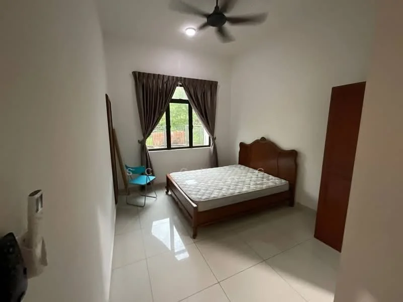 Bedroom features: queen-size bed, wooden bed frame, white painted walls, glossy tile flooring, ceiling fan, window with view, curtains, wooden wardrobe, mirror, chair; view: garden.
