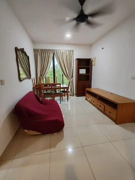 Living features: red sofa, wooden dining table with chairs, wooden TV console, floor-to-ceiling windows, sheer curtains, ceiling fan, tile flooring, mirror on wall, microwave on shelf; style: modern; view: garden.