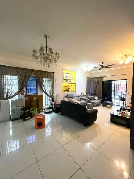 Living features: white painted walls, glossy white tile flooring, chandelier, 5-blade ceiling fan, sofa in grey, coffee table, TV console, wall-mounted TV, curtains in beige, decorative wall art, floor-to-ceiling windows, sliding glass door, area rug; style: modern; view: garden.