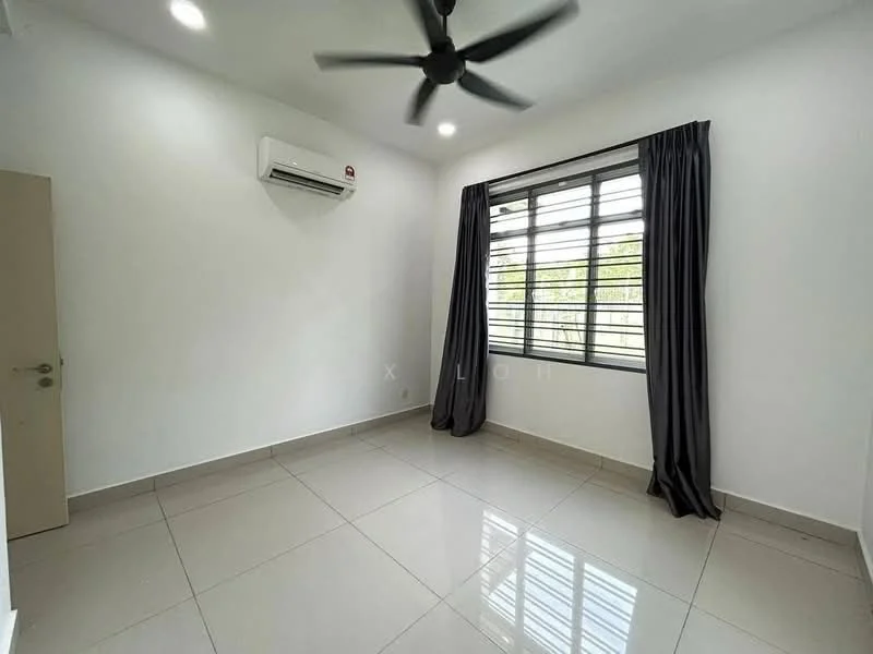 Room features: white painted walls, grey floor tiles, 5-blade ceiling fan, 1 wall-mounted split AC, large window with metal grille, blackout curtains, no visible furniture; style: modern; view: garden.